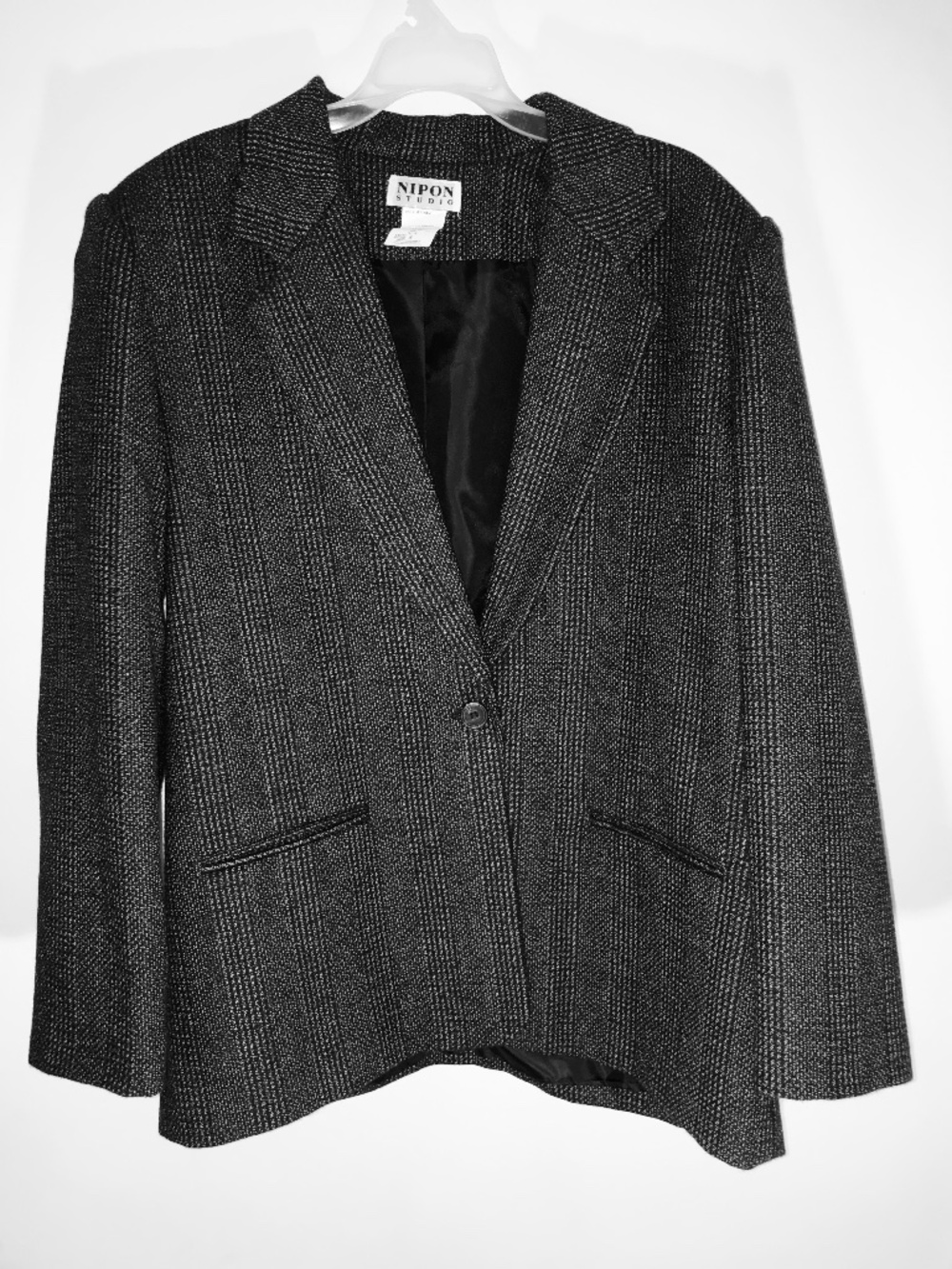 Vintage 90s Nipon Studios Wool Black White Plaid Windowpane Blazer Jacket 16